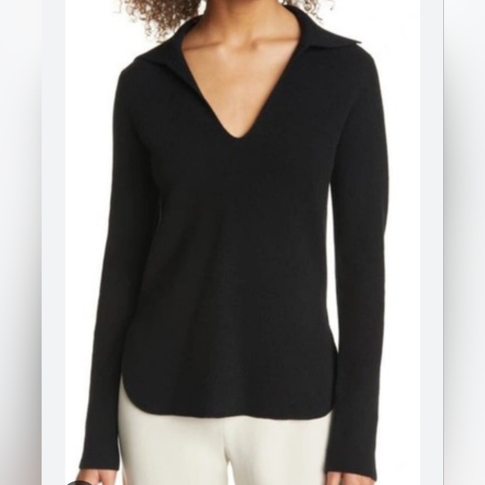 Vince Wool Cashmere Black V-Neck Collared Sweater – XS – Quiet Luxury Minimalist